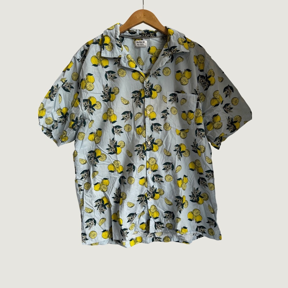 Hurley Mens XL Short Sleeve Button Up Shirt Blue Lemon Citrus Print HSP22VMT
